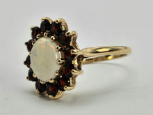 Cargar imagen en el visor de la galería, 0775: Vintage: 9ct Gold White Opal Red Garnets Flower- Head Cocktail Ring- Date-Mark 1977