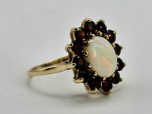 Cargar imagen en el visor de la galería, 0775: Vintage: 9ct Gold White Opal Red Garnets Flower- Head Cocktail Ring- Date-Mark 1977