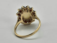 Cargar imagen en el visor de la galería, 0775: Vintage: 9ct Gold White Opal Red Garnets Flower- Head Cocktail Ring- Date-Mark 1977