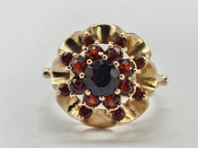 Load image into Gallery viewer, 6321 Vintage: 9ct Gold Rich Red Garnets Floral Custer Ring- Pre-1975- Flower power