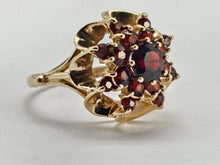 Load image into Gallery viewer, 6321 Vintage: 9ct Gold Rich Red Garnets Floral Custer Ring- Pre-1975- Flower power