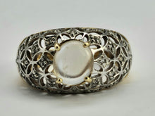 Cargar imagen en el visor de la galería, 0649: Vintage: 9ct Gold Pale Blue Moonstone 32 Diamonds Dress Ring- lovely combination,