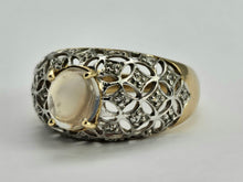 Cargar imagen en el visor de la galería, 0649: Vintage: 9ct Gold Pale Blue Moonstone 32 Diamonds Dress Ring- lovely combination,