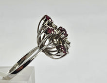 Cargar imagen en el visor de la galería, 0907: Vintage: 18ct White Gold Rubies Diamonds Asymmetrical Spray Ring- Date-Mark 1973