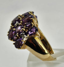 Cargar imagen en el visor de la galería, 0895: Vintage; 9ct Gold 17 rich purple Amethysts Diamonds Cocktail Ring- Splendid
