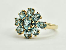 Cargar imagen en el visor de la galería, 0896: Vintage: 9ct Gold 11 Swiss Blue Topaz Flower Head Ring- inspired design