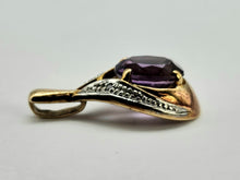 Load image into Gallery viewer, 0805:Vintage: 9ct Gold Pear-Shaped Amethyst Diamonds Pendant- petite, sparkling