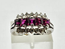 Cargar imagen en el visor de la galería, 0815: Vintage: 18ct White Gold Rubies Diamonds Tiered Cluster Ring