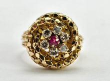 Cargar imagen en el visor de la galería, 0762: Vintage 18ct Gold Ruby Diamonds Statement Ring- remarkable