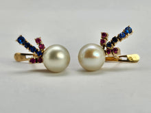 Load image into Gallery viewer, 0793: Vintage: 14ct Gold Pearls, Rubies, Iolites Stud Earrings- superb, reassuring weight