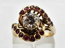 Cargar imagen en el visor de la galería, 0796:  Vintage: 18ct Gold Ice White Zircon Rubies  Cluster Ring- statement, rare combination