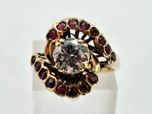 Cargar imagen en el visor de la galería, 0796:  Vintage: 18ct Gold Ice White Zircon Rubies  Cluster Ring- statement, rare combination