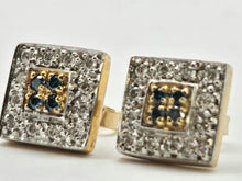 Load image into Gallery viewer, 1275: Vintage; 9ct Gold Green & White Diamonds Square Set Stud Earrings- sparkling ear candy