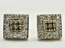 Load image into Gallery viewer, 1275: Vintage; 9ct Gold Green & White Diamonds Square Set Stud Earrings- sparkling ear candy