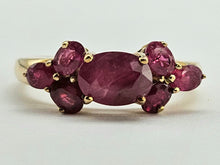 Load image into Gallery viewer, 6343 Vintage: 9ct Gold 7 Raspberry Rubies Geometric Set Dress Ring