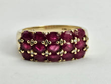 Cargar imagen en el visor de la galería, 0965: Vintage: Substantial 9ct Gold Rubies Diamonds Geometric Set Ring- fabulous