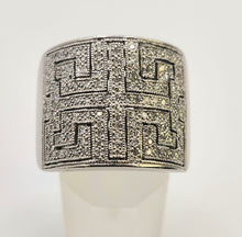 Load image into Gallery viewer, 6330 Vintage: 9ct White Gold Large Greek Key Natural Sparkling Diamonds Statement Ring