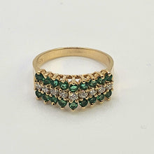 Load image into Gallery viewer, 6331 Vintage: 14ct Gold 18 Emeralds Diamonds Tiered Dress/Stacker Ring