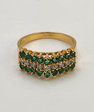 Load image into Gallery viewer, 6331 Vintage: 14ct Gold 18 Emeralds Diamonds Tiered Dress/Stacker Ring