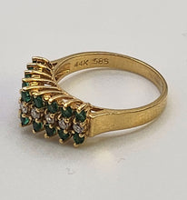 Load image into Gallery viewer, 6331 Vintage: 14ct Gold 18 Emeralds Diamonds Tiered Dress/Stacker Ring
