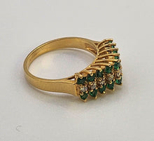 Load image into Gallery viewer, 6331 Vintage: 14ct Gold 18 Emeralds Diamonds Tiered Dress/Stacker Ring