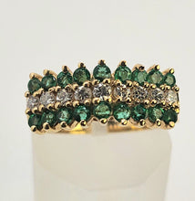 Load image into Gallery viewer, 6331 Vintage: 14ct Gold 18 Emeralds Diamonds Tiered Dress/Stacker Ring