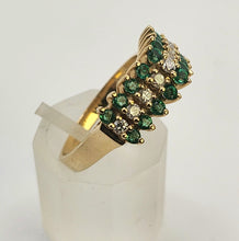 Load image into Gallery viewer, 6331 Vintage: 14ct Gold 18 Emeralds Diamonds Tiered Dress/Stacker Ring