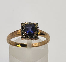 Load image into Gallery viewer, 1043: Vintage 9ct Gold Yellow Diamonds Cushion Cut Iolite Dress Ring