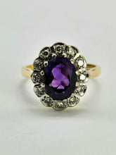 Load image into Gallery viewer, 1056: Vintage: 18ct Gold Deep Purple Amethyst 12 Diamonds Cluster Ring- Date-Mark 1963