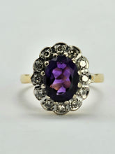 Load image into Gallery viewer, 1056: Vintage: 18ct Gold Deep Purple Amethyst 12 Diamonds Cluster Ring- Date-Mark 1963