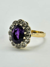Load image into Gallery viewer, 1056: Vintage: 18ct Gold Deep Purple Amethyst 12 Diamonds Cluster Ring- Date-Mark 1963