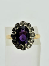 Load image into Gallery viewer, 1056: Vintage: 18ct Gold Deep Purple Amethyst 12 Diamonds Cluster Ring- Date-Mark 1963