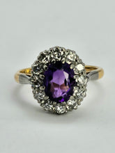 Load image into Gallery viewer, 1071: Vintage: 18ct Gold Platinum Amethyst Diamonds Cluster Ring