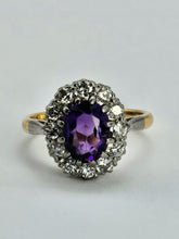 Load image into Gallery viewer, 1071: Vintage: 18ct Gold Platinum Amethyst Diamonds Cluster Ring