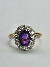 Load image into Gallery viewer, 1071: Vintage: 18ct Gold Platinum Amethyst Diamonds Cluster Ring