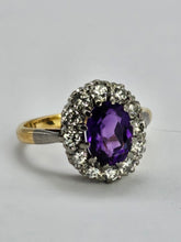 Load image into Gallery viewer, 1071: Vintage: 18ct Gold Platinum Amethyst Diamonds Cluster Ring