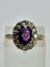 Load image into Gallery viewer, 1071: Vintage: 18ct Gold Platinum Amethyst Diamonds Cluster Ring