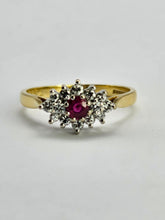 Load image into Gallery viewer, 1073: Vintage: 18ct Gold Ruby 14 Diamonds Cluster Ring-lovely sparkle