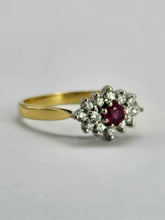 Load image into Gallery viewer, 1073: Vintage: 18ct Gold Ruby 14 Diamonds Cluster Ring-lovely sparkle