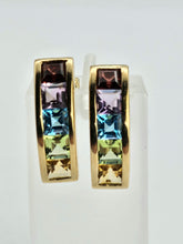 Load image into Gallery viewer, 0969: Vintage: 9ct Gold Princess Cut Multi-Gem Stud Earrings-
