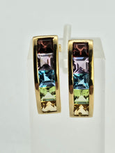 Load image into Gallery viewer, 0969: Vintage: 9ct Gold Princess Cut Multi-Gem Stud Earrings-