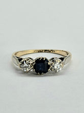 Cargar imagen en el visor de la galería, 1017: Vintage/Antique: 18ct Gold Platinum Set Blue Sapphire (0.65ct) Diamonds (0.30ct) Ring
