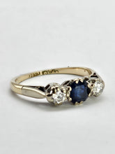 Cargar imagen en el visor de la galería, 1017: Vintage/Antique: 18ct Gold Platinum Set Blue Sapphire (0.65ct) Diamonds (0.30ct) Ring