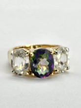 Load image into Gallery viewer, 6338 Vintage: Statement: 9ct Gold Caribbean Topaz Glacier Topaz Trilogy Ring