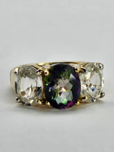 Load image into Gallery viewer, 6338 Vintage: Statement: 9ct Gold Caribbean Topaz Glacier Topaz Trilogy Ring
