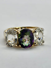 Load image into Gallery viewer, 6338 Vintage: Statement: 9ct Gold Caribbean Topaz Glacier Topaz Trilogy Ring