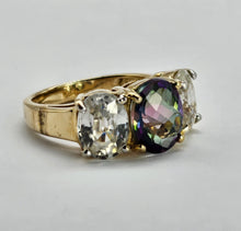 Load image into Gallery viewer, 6338 Vintage: Statement: 9ct Gold Caribbean Topaz Glacier Topaz Trilogy Ring