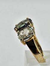 Load image into Gallery viewer, 6338 Vintage: Statement: 9ct Gold Caribbean Topaz Glacier Topaz Trilogy Ring