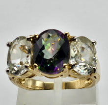 Load image into Gallery viewer, 6338 Vintage: Statement: 9ct Gold Caribbean Topaz Glacier Topaz Trilogy Ring