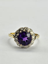 Cargar imagen en el visor de la galería, 0405: Vintage: 18ct Gold & Deep Purple Amethyst 12 Diamonds Cluster Ring